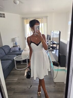 Women’s White A-Line Dress with Black Lace Trim